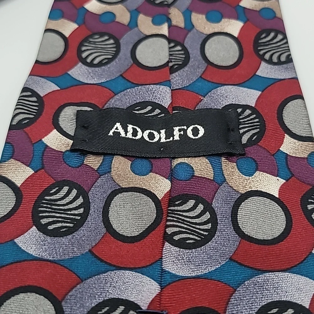 Adolfo 100% Silk Red Black Gray Circles Men's Tie